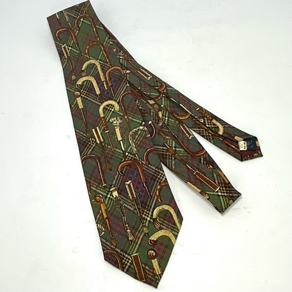 VTG Polo Ralph Lauren Mens Silk Tie Canes Walking Sticks Plaid Handmade LOOK!